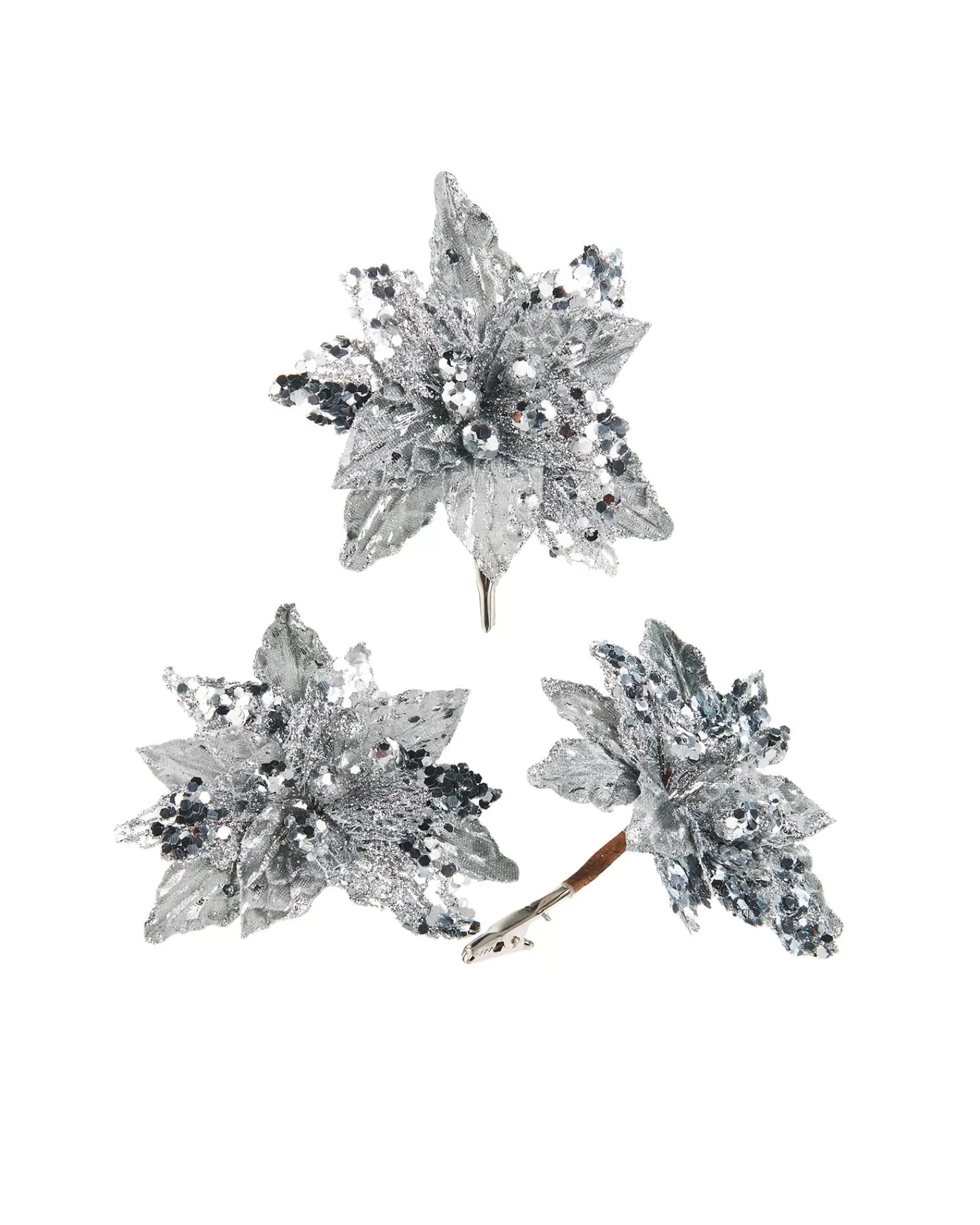 WeRChristmas Flowers & Foliage | Flowers & Foliage^Artificial Silver Poinsettia Flower With Clip, 3 Pack, 12 Cm