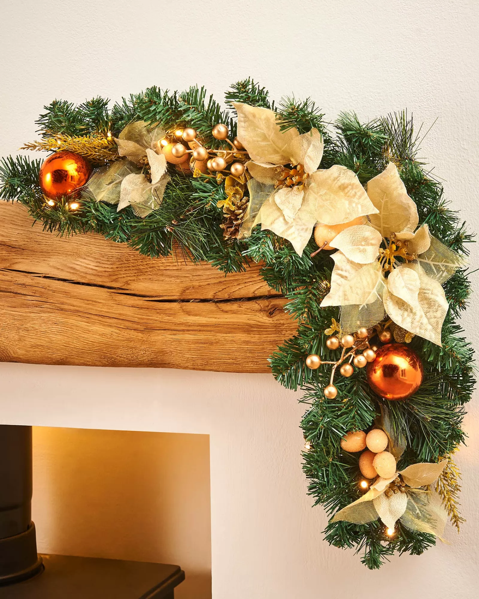 WeRChristmas Decorated Garlands | Pre Lit Garlands^Pre-Lit Decorated Arch Garland With 20 Warm White LEDs, Copper/Gold, 3 Ft