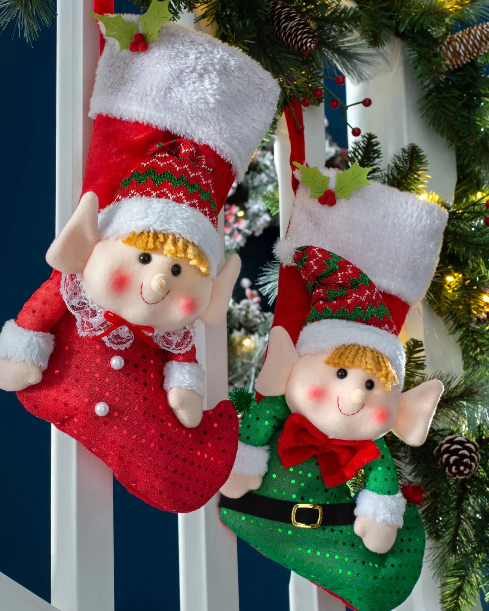 WeRChristmas Novelty^Set Of 2 Elf Stockings, Red And Green, 53 Cm